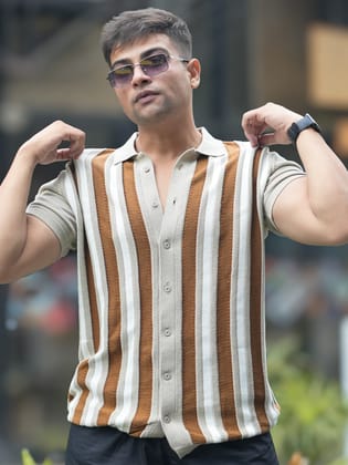 Retro FlatKnit Brown Half Sleeve Shirt-S / Brown