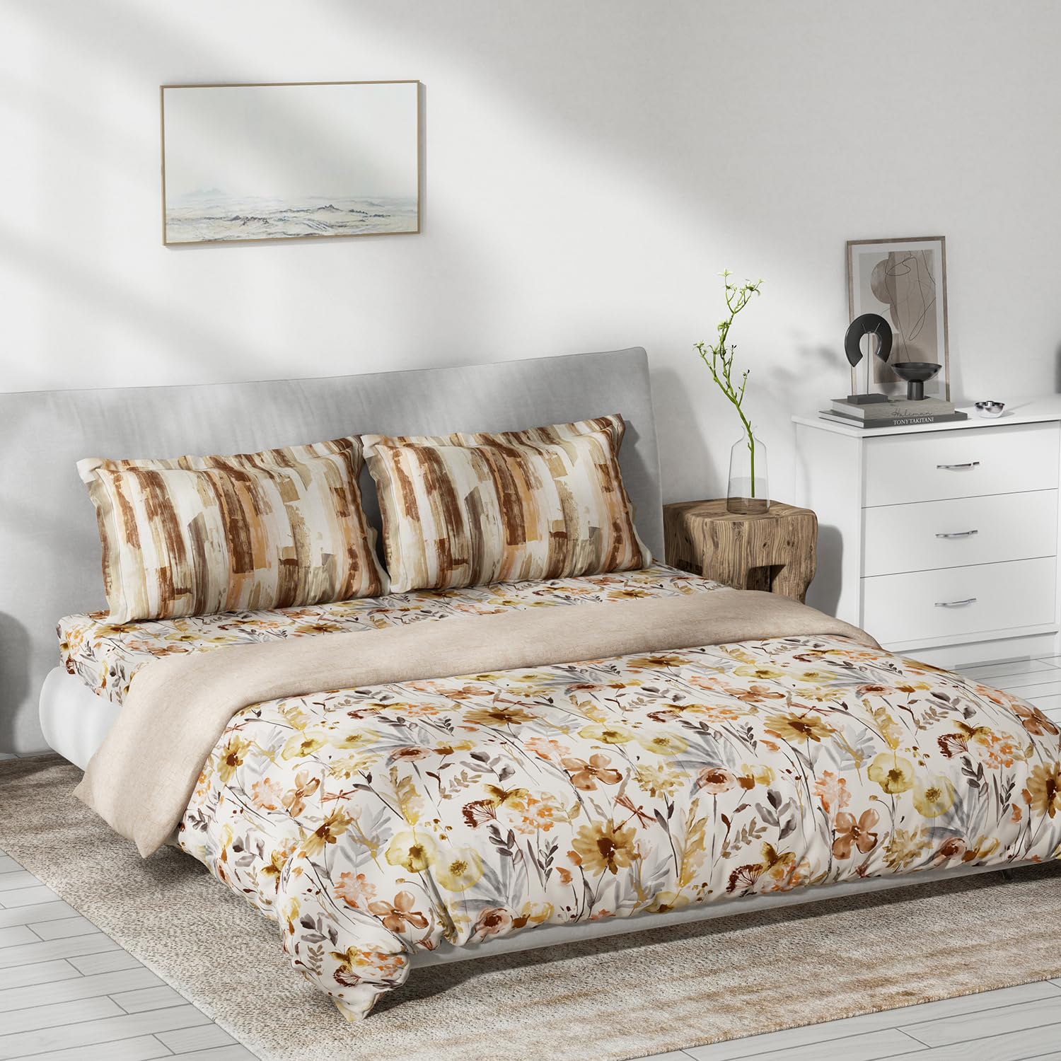 DDECOR - Primary Collection 100% Cotton Floral Pattern 145TC King Bedsheet |254 CM X 274 CM|, Quilt and with 2 Pillow Covers - Brown