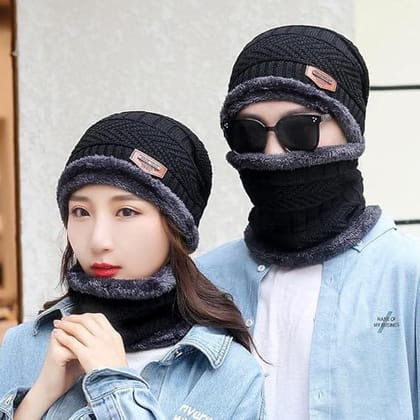 Latest Design Winter Woollen Hat and Scarf Neck Scarf Warm Knit Hat Thick Fleece Lined Winter Hat & Scarf for Men Women (Original Quality)