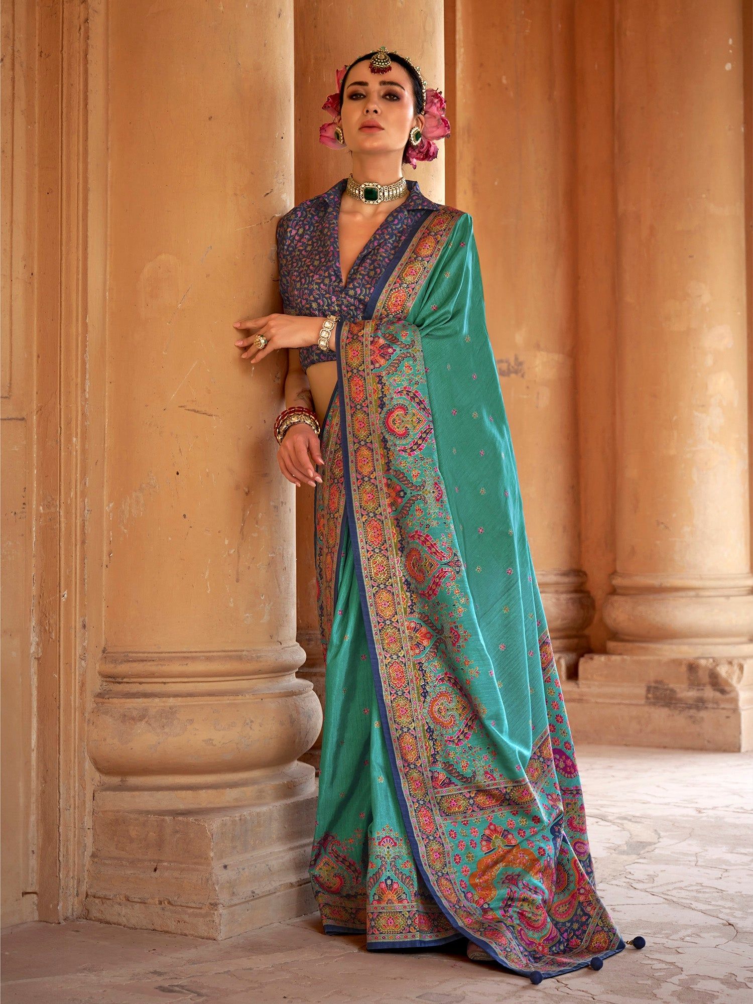 Turquoise Poly Viscose Silk Woven Butti Position Print Desginer Saree