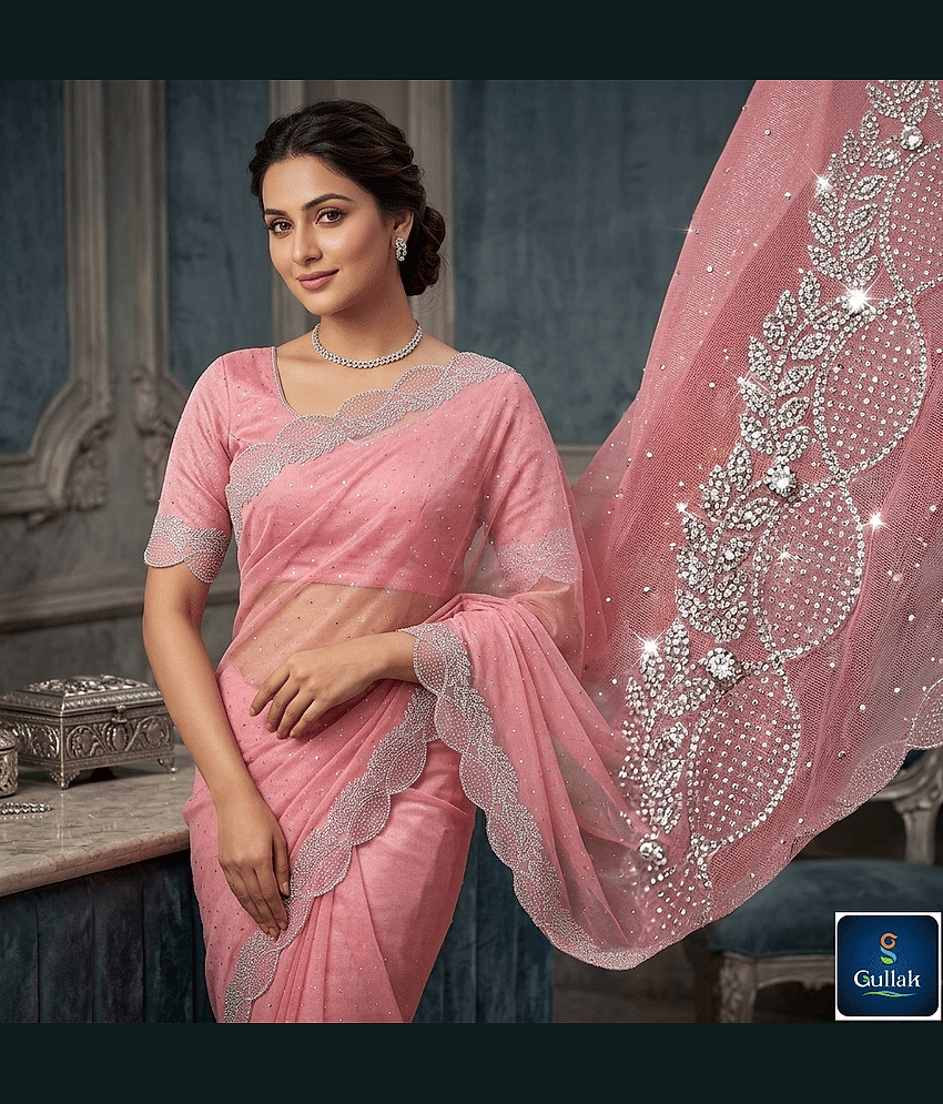 Gullak Jimmy Choo Embellished Regular Saree With Unstitched Blouse Piece ( Pink )