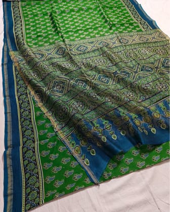 Lehrayein Chanderi Silk Dewy Green Ajrakh Printed Saree
