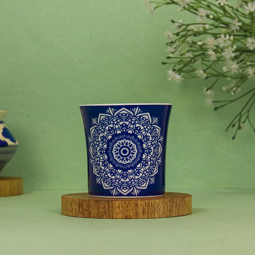 Femora Abstract Lotus Pattern Tea Cups, Ceramic Tea Cups, Coffee Mugs (160 ml) - 6 Pcs Set (Blue)