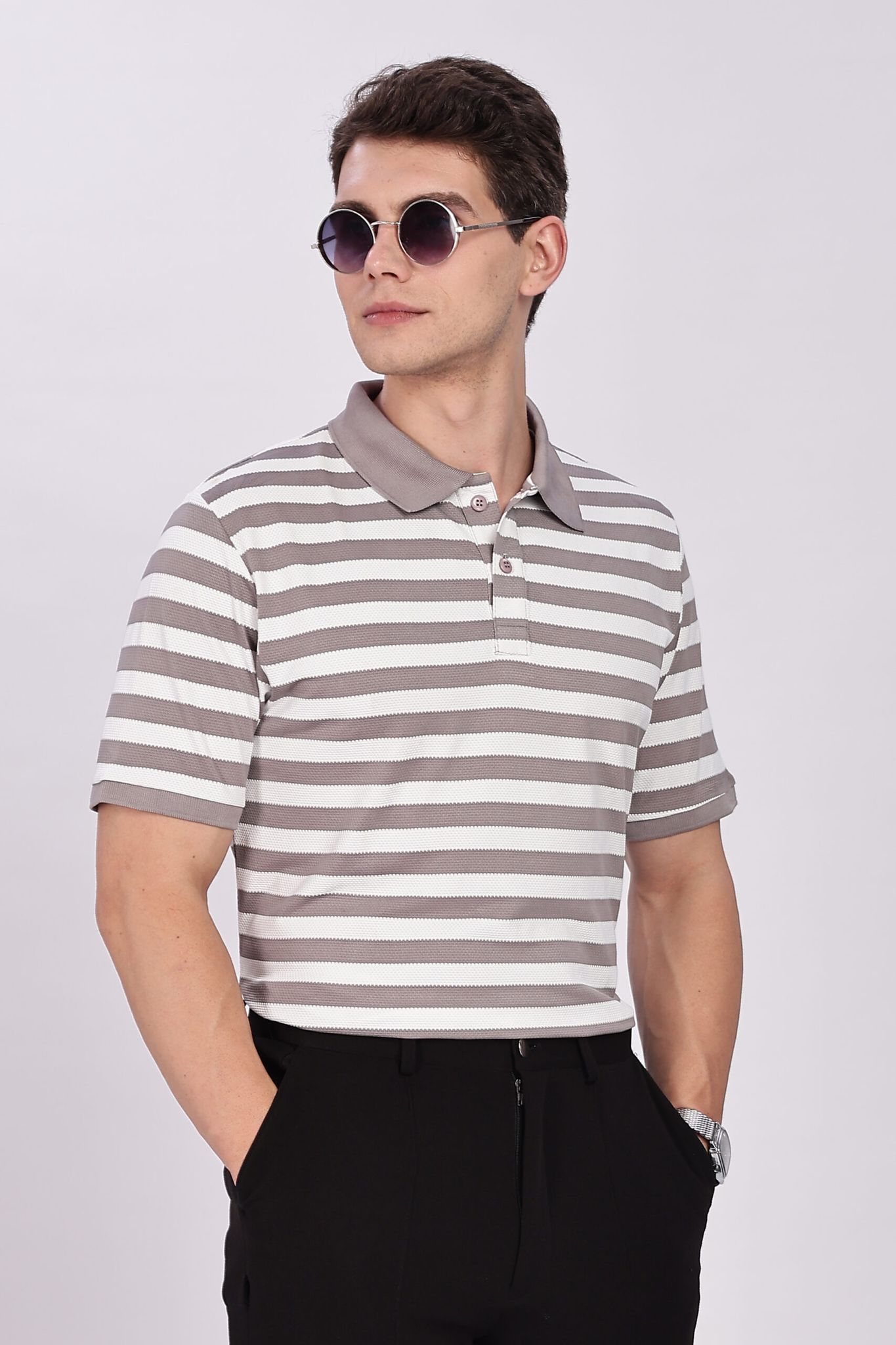 Puff Cotton Grey & White Striped Polo