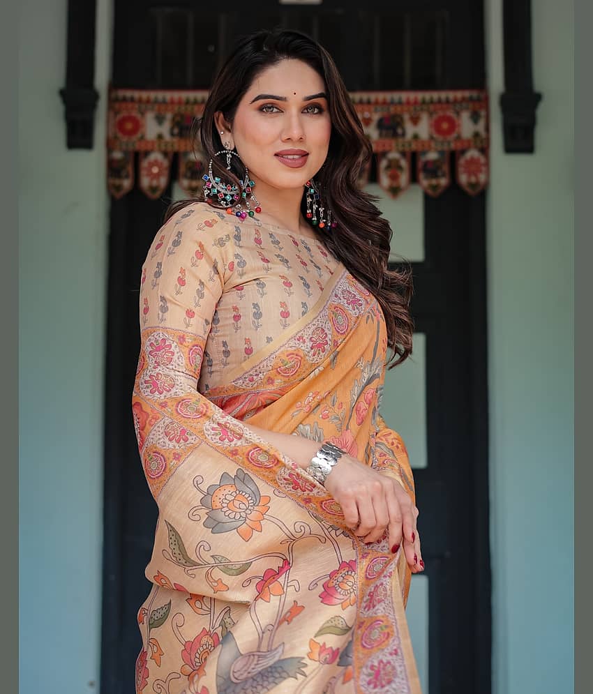 Almaari Fashion Cotton Blend Printed Saree With Stitched Blouse ( Multicolor )
