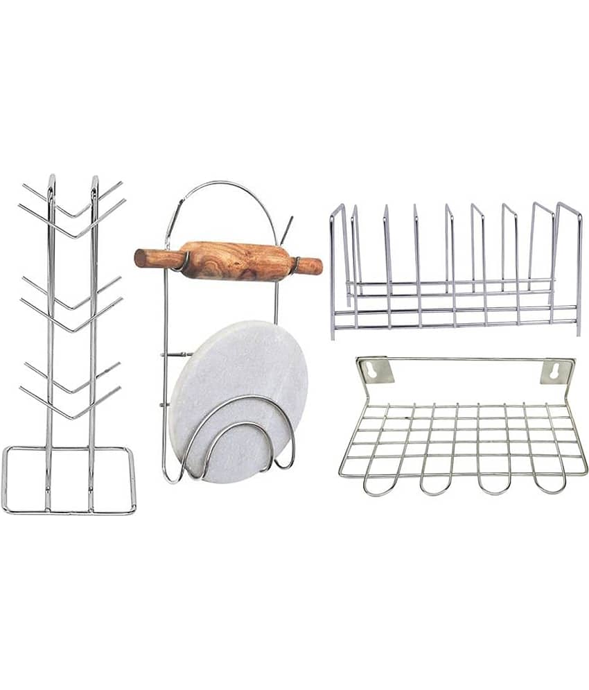 JISUN - Silver Stainless Steel Dish Racks ( Pack of 4 )