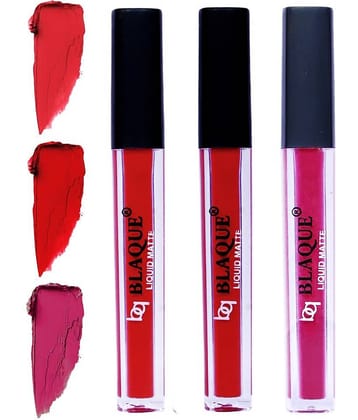 bq BLAQUE Matte Liquid Lipstick Combo of 3 Lip Color 4ml each, Waterproof - Orangish Red, Red, Dark & Bold Pink