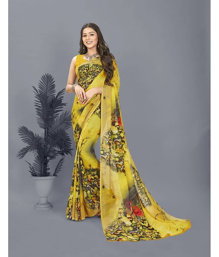 ANAND SAREES Georgette Printed Saree With Unstitched Blouse Piece ( Yellow )