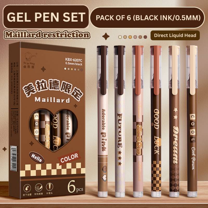 Maillard Gel Pen Set (Pack of 6, Black Ink, 0.5mm) | Direct Liquid Head | Smooth Writing