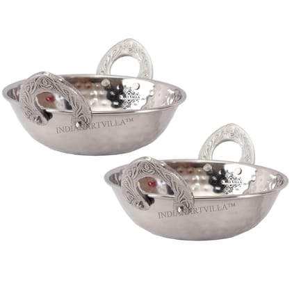 IndianArtVilla Handmade Pure Steel Hammered Design Wok with Embossed Design Handle-490ml / 2