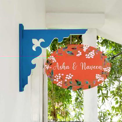 Handpainted Hanging Name plate -Navy Oval Red White Flowers-8x11 Inches