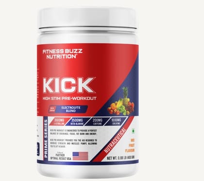 Fitness Buzz Nutrition I Prime Series I Kick High I Stim Pre-Workout I With Added Electrolyte Blend I 3500mg L-Citrulline I 3500mg Beta-Alanine I 200mg Caffeine I 1000mg Creatine I Nutraceutical I Veg I Mix Fruit 400 GM