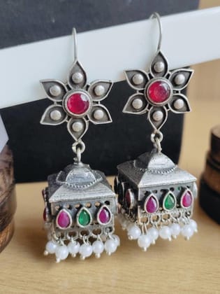 Silver Flower Hook Earrings with Jhumka, Pearls, and Stones | Sarichka-Red+Green