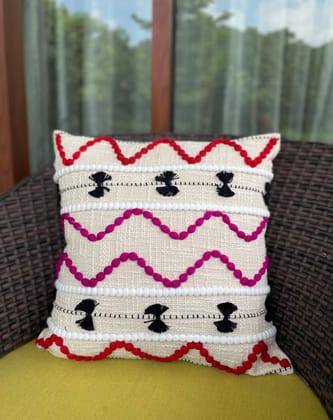 KRI India Dori Pink Red Ivory Cushion Covers | Off-White with red, pink & white dori work | 16x16 inches | Wash & Care | 100% Cotton | Handcrafted in India. 100% organic & natural. KRI India Dori Pink Red Ivory Cushion Covers | Off-White with red, pink & white dori work | 16x16 inches | Wash & Care | 100% Cotton | Handcrafted in India. 100% organic & natural.
