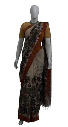 Kalamkari Cotton Saree Cream Narrative Pallu