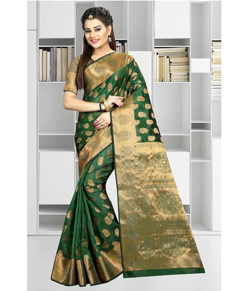 Gazal Fashions Banarasi Silk Embroidered Saree With Unstitched Blouse Piece ( Multicolor )