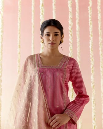 Fuchsia Rose Tissue Kurta with Narrow Pants - Set of 2-XXS / XXS