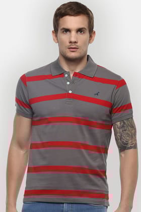 Men's Polo Collar Yarn Dyed Striped T-Shirt - Grey & Red-Large / Grey & Red