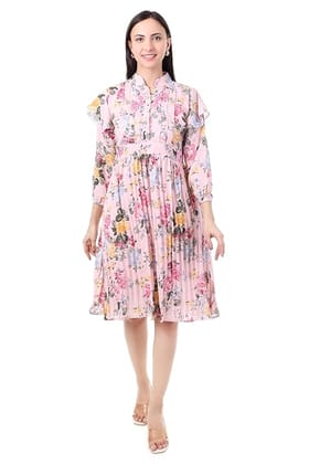 MR ANDERSONS Floral Print Midi Dress with Ruffle Detail and Long Sleeves