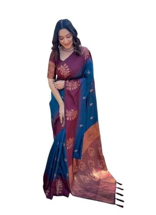 Women's Soft Lichi Silk Printed Saree With Unstitched Blouse 5.5Mtr (Blue)-PID63689