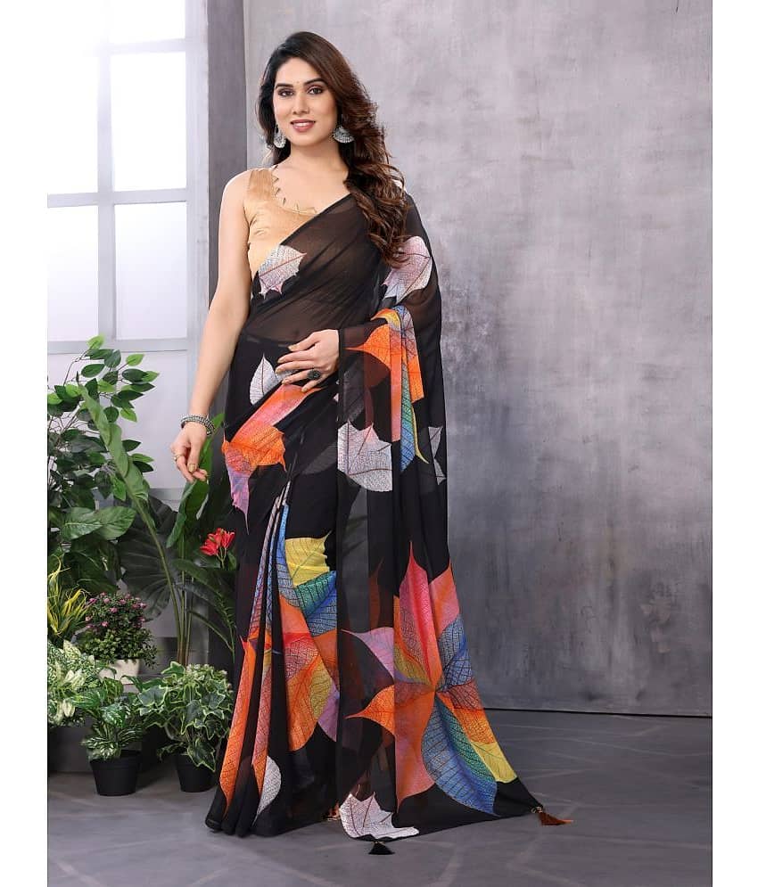 BLEESBURY Georgette Printed Saree With Unstitched Blouse Piece ( Black )