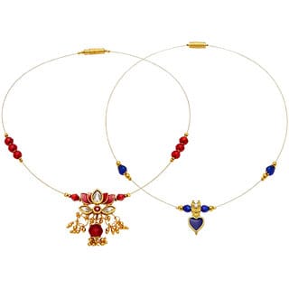 Invisible Chain 1 Layer, Lotus Pendant Red Colour and Blue Mango Pendant, 2 Qty