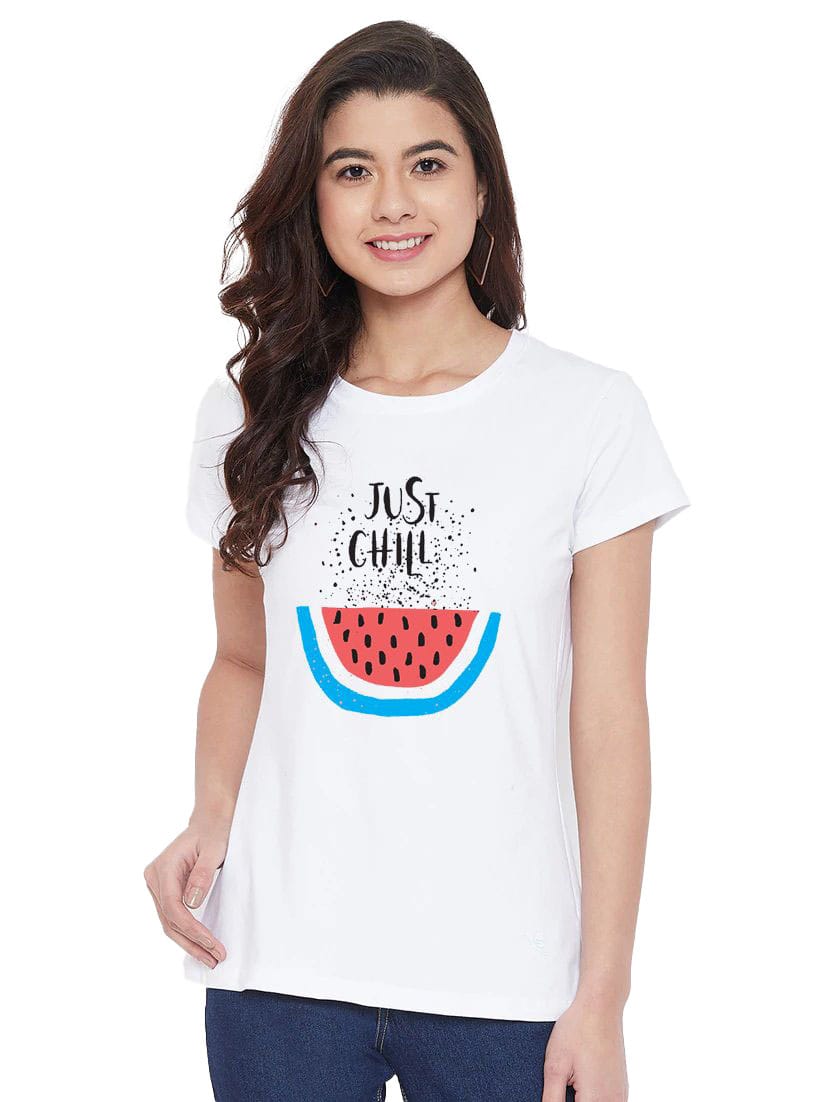 Women's Cotton Blend Just Chill Printed T-Shirt XL (White)