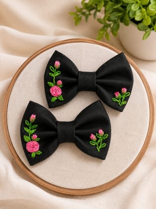 Hand Embroidered Floral Cotton Silk Hairbows (Black, Pair) | Artisan Hair Accessories | Casual & Festive Hand Embroidered Floral Cotton Silk Hairbows (Black, Pair) | Artisan Hair Accessories | Casual & Festive