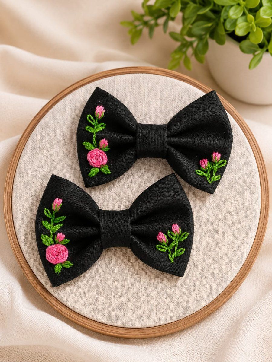 Hand Embroidered Floral Cotton Silk Hairbows (Black, Pair) | Artisan Hair Accessories | Casual & Festive