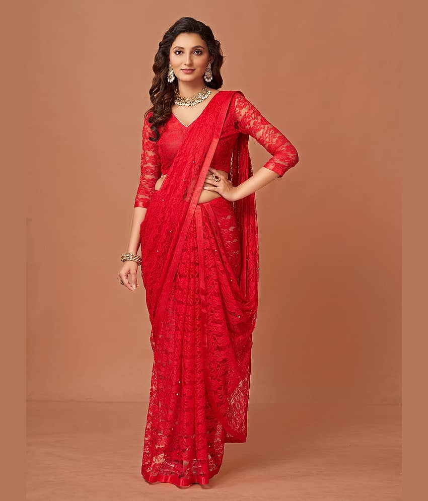 VERVIZA Net Printed Saree Without Blouse Piece ( Red )
