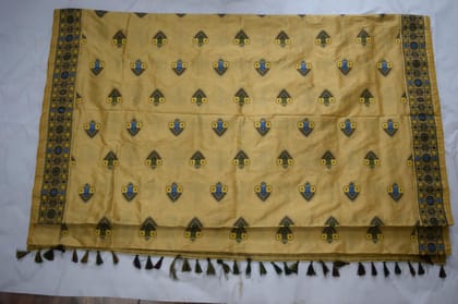 Traditional Yellow Silk Saree with Geometric Embroidery, Blue and Green Motifs, Tassel Border Traditional Yellow Silk Saree with Geometric Embroidery, Blue and Green Motifs, Tassel Border