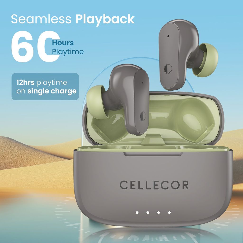 Cellecor BroPods C109 QUAD TWS, 60H Playtime,Quad Mic ENC,5.3v BT,50ms Low Latency Gaming Bluetooth-Grey Olive Green