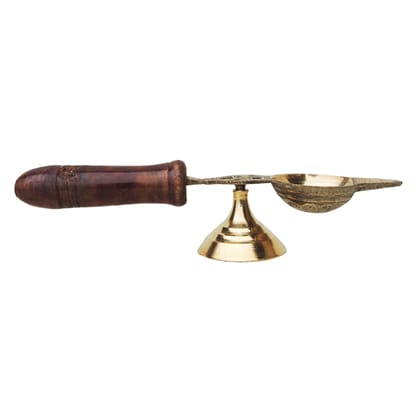 Brass Table Decor Oil Lamp Deepak With Wooden Handle  - Classic Brass Diya for D�cor, Height : 1.4 Inch (FMAS363 C)