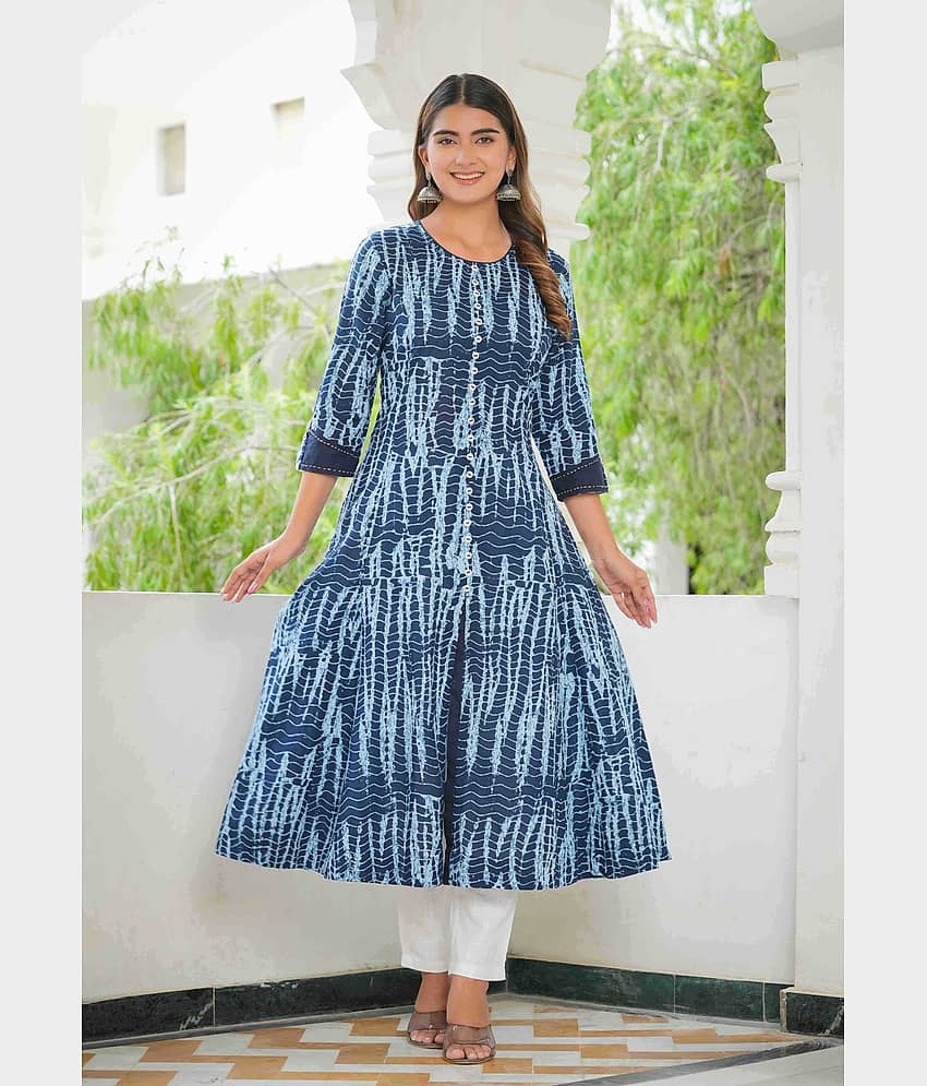 Yash Gallery Cotton Printed Anarkali Women's Kurti - Blue ( Pack of 1 )