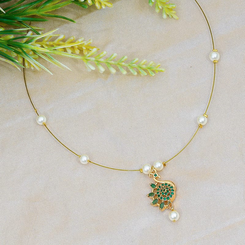 Elegant Gold-Toned Invisible Necklace with Green and Pearl Accents Featuring a Peacock Pendant Design