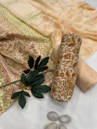 Pure Cotton Unstitched Suit With Chiffon Dupatta-As shown in picture / 2.5 mtr each / Pure cotton with chiffon dupatta