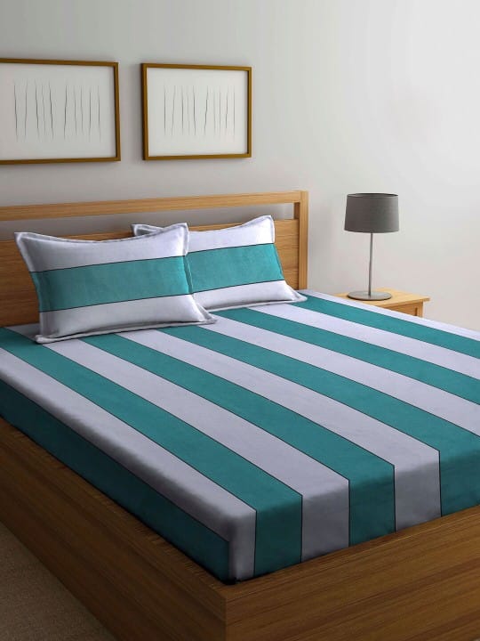 Green & Grey Striped 300 TC 1 King Bedsheet with 2 Pillow Covers