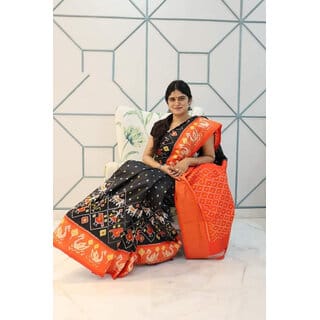 Black And Orange Colour  Printed Ikkat Printed Saree
