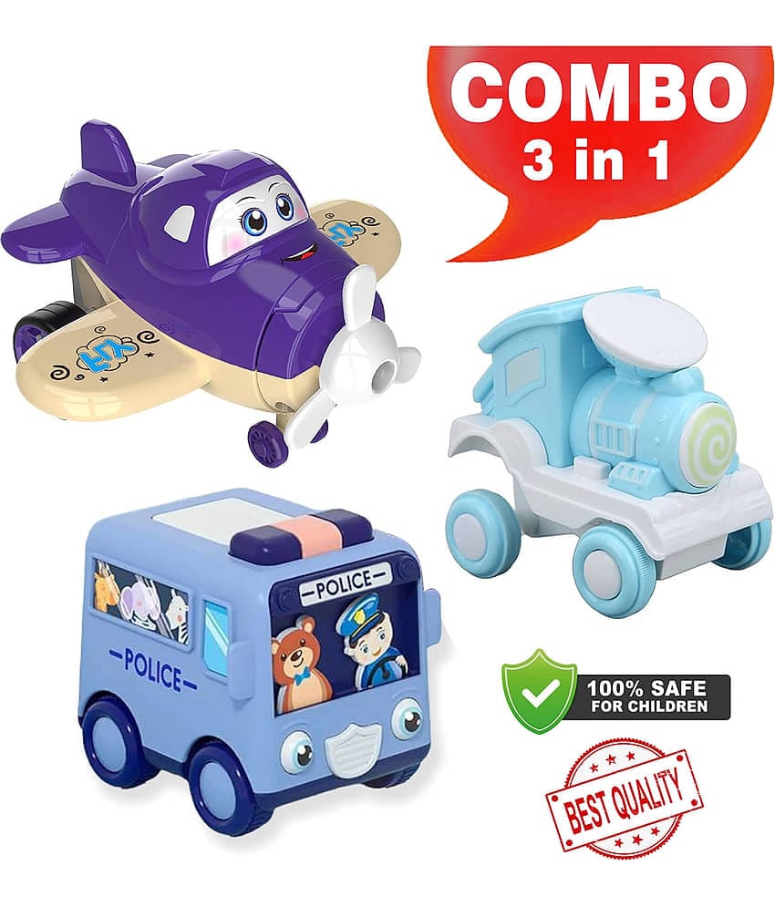 Rainbow Riders 3-Piece Press And Go Unbreakable Toy Set - Cartoon Robot Plane, Mini Bus, & Stunt Locomotive Train - Friction Powered Educational Toys for Kids 2-3+ Years - ABS Eco-Friendly Material