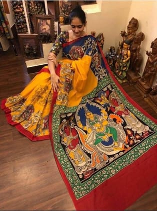 Yellow and Red Color Kalamkari Linen Digital Printed Sari 1196