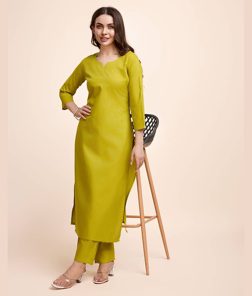 Women Basket Cotton Blend Solid Kurti With Pants Women's Stitched Salwar Suit - Yellow ( Pack of 1 )