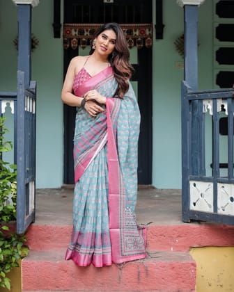 Aqua Blue Pure Cotton Linen Saree with Pink Border, Floral Motifs, and Tassel Detailing-Regular