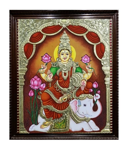 Goddess Gajalakshmi Traditional Tanjore Painting By Authentic Handcrafted Method (Size 20x16)