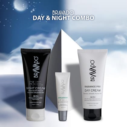 Bravado Personal Grooming 3 In 1 Day & Night Cream Combo Kit - Pack contain - Radiance Pro Day cream, R3 Repair Replenishment Night cream, Lip Balm Spearmint - 109g (Set of 3 Products)
