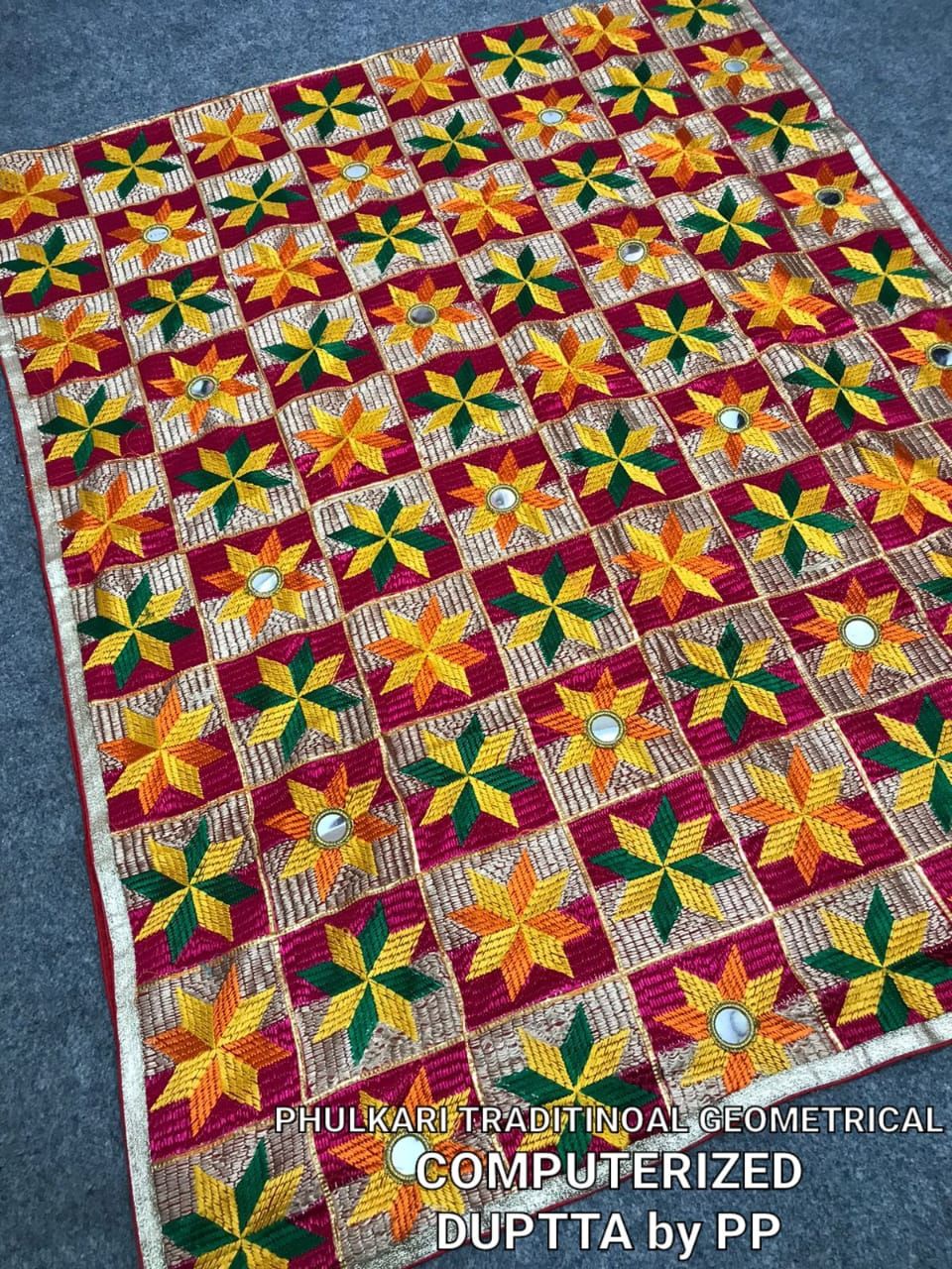 Punjab Phulkari   Digitized Phulkari: Traditional Geometric Elegance - Chanderi Cotton