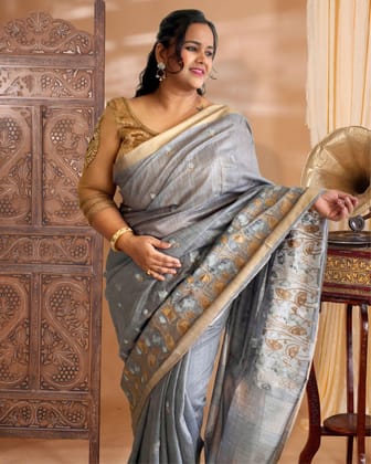 Banswara Silk Saree Gray Lotus Embroidery