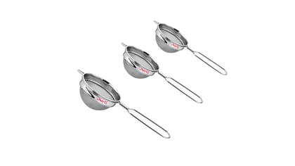 RK Sayti Stainless Steel Round Strainer, 304 Grade Double Mesh, Premium Polish,Small, Medium,Large, Pack of 3