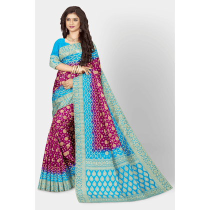TheHangr Wine Bandini Saree With Golden Weaving Work And Blue Border And Pallu TheHangr Wine Bandini Saree With Golden Weaving Work And Blue Border And Pallu