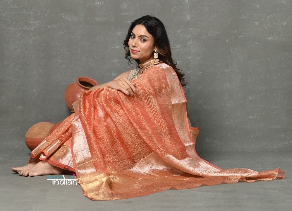 Tyohaar ~ Exclusive! Banarasi Handloom Crushed Pure Tissue Silk Saree ~ Golden Orange ( Silk Mark Certified)