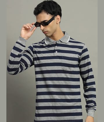 GET GOLF Pack of 1 Cotton Blend Regular Fit Striped Full Sleeves Men's Polo T Shirt ( Navy Blue )